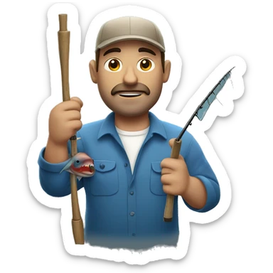 manly husband holding blue fishing rod and tuna sticker