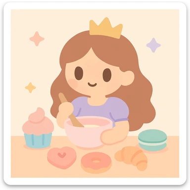 a princess baking surrounded by pastries, cute style, adorable, pastel colors sticker