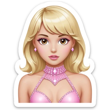 Luxury blonde model, brown eyes, sleek wavy hair with bangs, diamanté rhinestone covered pink bodysuit  sticker