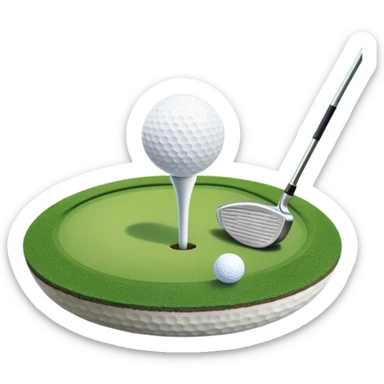 A golf ball on a tee, with a golf club placed beside it on the lush green fairway. The background shows a serene golf course with neatly trimmed grass and a clear blue sky, emphasizing the elegance and precision of the game. sticker