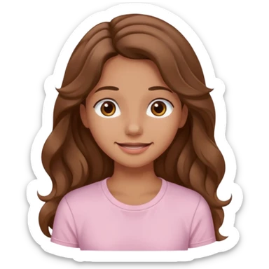 A pretty girl with tan skin and long brown wavy hair, wearing a very light pink basic shirt with brown eyes and a closed mouth smile sticker