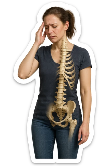 donna stanca a figura intera che si tiene una mano sulla tempia con spina dorsale anatomica visibile, iperrealistico 4k sticker