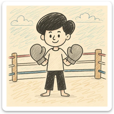 Add a boxing ring background to the boy with boxing gloves in doodle style, hand drawn and sketchy with playful lines and soft colors. sticker