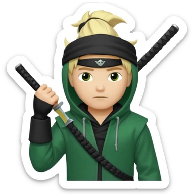 Green ninja Lloyd garmadon blonde hair, kaptur hoody on his head but blonde grzywka visible; the bottom left one is best (the one without miecze + black band + no mask of face) but add miecz sticker