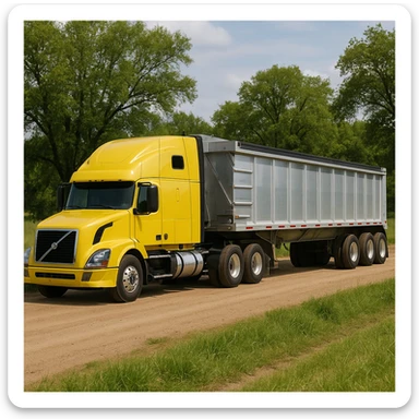 long silver end dump trailer hooked to a Volvo yellow semi sleeper truck, both in normal driving position, photorealistic daytime country scene with trees, grass, and a dirt road, truck driving left sticker