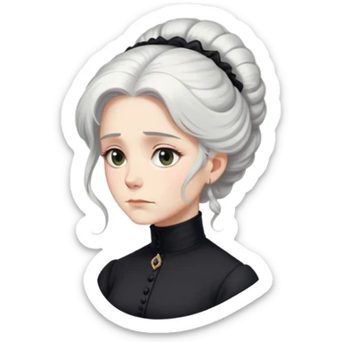 A Victorian woman with elegant coiffed white hair and light eyes wearing a simple modest black turtleneck mourning dress looking down with a forlorn expression sticker