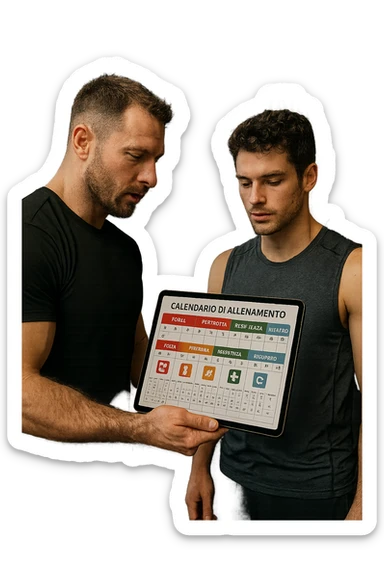 realistic cinematic photo a personal trainer and a client stand in a modern gym, reviewing a large, color-coded training calendar or chart on a tablet. The calendar shows different phases (strength, hypertrophy, endurance, recovery) with icons and dates. Around them, gym equipment and motivational posters reinforce the idea of structured, periodized training. in italiano sticker