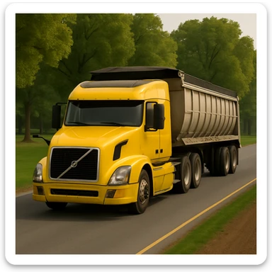 Turn the yellow Volvo sleeper semi truck with a large end dump trailer around so it is facing toward the viewer, with more trees in the background, in a realistic style. sticker