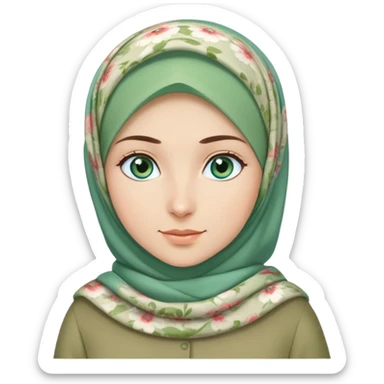 Turkish beautiful finish Konya girl blue eyes and green khaki hijab and light green floral dress and she go out on office sticker