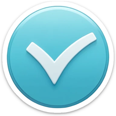 Modern emoji-style  verified icon: cyan-blue circular badge, bold white checkmark, smooth gradient, soft glossy highlights, subtle shine, thick white border, minimalist flat + semi-3D style, smooth edges, high contrast, transparent PNG, high quality, sharp. sticker