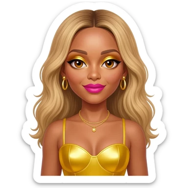Beyonce with hazel brown eyes, long blonde hair, gold eyeshadow, hot pink lipstick, yellow metallic sweetheart dress, gold necklace and earrings sticker