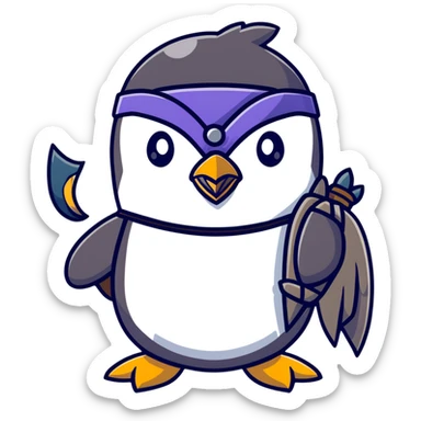 Cute penguin as Norse god Odin with two ravens on shoulders, wearing a Viking helmet and eyepatch sticker