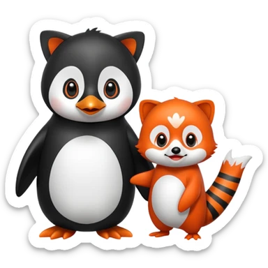A cartoon  cute cartoon penguin. Next to it is a cartoon red panda holding its flipper  sticker