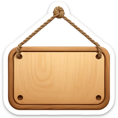 3D cartoon style wooden hanging signboard, smooth polished wood texture, rounded edges, detailed wood grain, thick twisted ropes going through holes on both sides, hanging rope knots visible, isolated on white background, soft shadow, high resolution, digital illustration, centered composition sticker