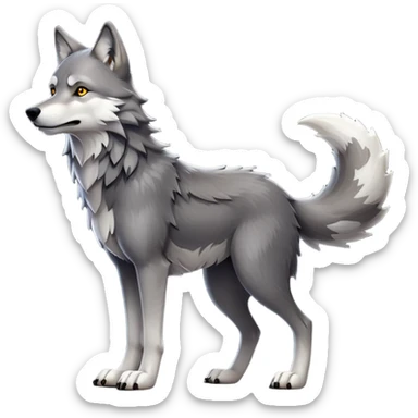 cinematic-[wolf]-realistic-full-body-standing-emoji,-tail-resting-loosely-beside-its-paws,-head-tilted-dramatically, -scruffy-[grey]-fur,-simplified-yet-realistic-focused-features,-highly-detailed,-glowing-with-an-almost-sarcastic-glow sticker