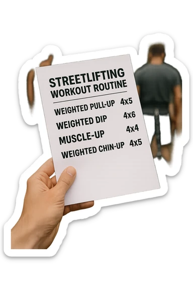 a close-up of a hand holding a printed streetlifting workout routine, with the exercises and sets written in bold text. In the background, an outdoor gym with pull-up bars, dip stations, and athletes wearing weighted belts. The lighting is natural, and the mood is motivational. sticker