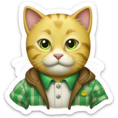 Yellow cat with a green checkered jacket sticker