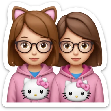 2 girls wearing a hello kitty hoodie. both girls have brownish hair and hazel eyes (one girl has lighter eyes than the other and also wears glasses in beige). sticker
