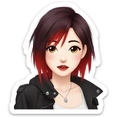 Gorgeous anime style lady with blushing face aesthetic and pretty edgy black red punk hair with hair garment trending style sticker