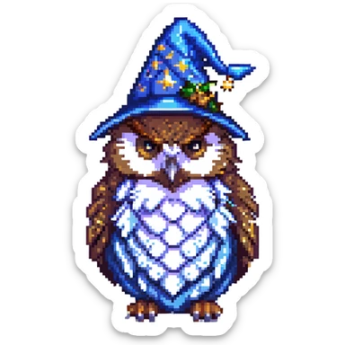 pixel art owl wearing a starry wizard hat sticker