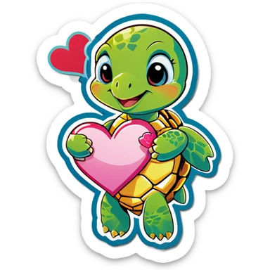 Sea turtle holding a heart sticker