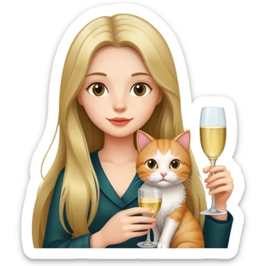 Long-haired girl holding a cat and drinking champagne sticker