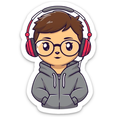 tan brunette girl with a short wolf haircut, round ruby glasses, black headphones, and a black hoodie sticker