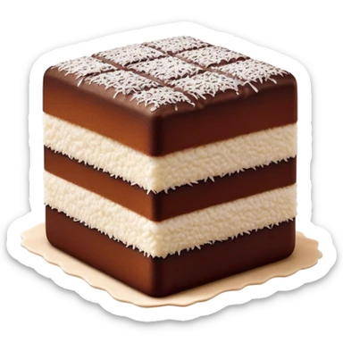 Lamington Cinematic Realistic Lamington Dessert Emoji, depicted as a sponge cake square coated in chocolate and dusted with coconut on all sides, rendered with lifelike textures and vibrant, tropical lighting. sticker
