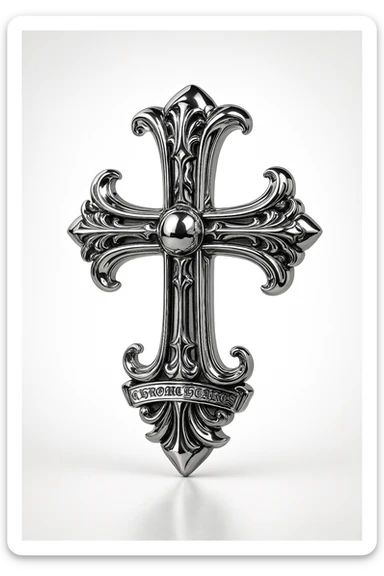 Chrome Hearts style cross, metallic finish, gothic baroque details, luxury jewelry, dramatic lighting sticker