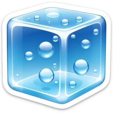 A single transparent ice cube with smooth rounded edges, highly detailed, crystal-clear with tiny air bubbles inside, glossy reflections, cool blue tones, soft shine on the surface, realistic lighting, floating on a clean blue background, ultra-high resolution, 3D look, sharp details sticker
