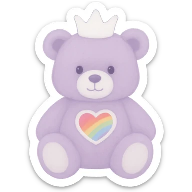 Change the crown to white on the purple and white teddy bear with a heart-shaped rainbow patch. Keep it soft and plush with no shadows and flat lighting. Remove the background. sticker