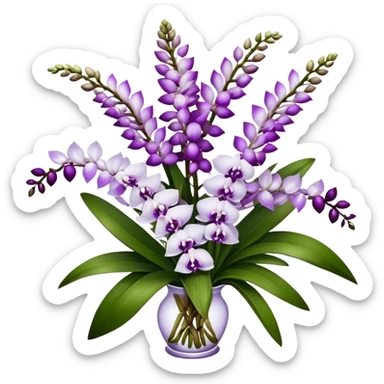 big bouquet white purple Rhynchostylis Orchid, stem, leaf, luxuriant sticker