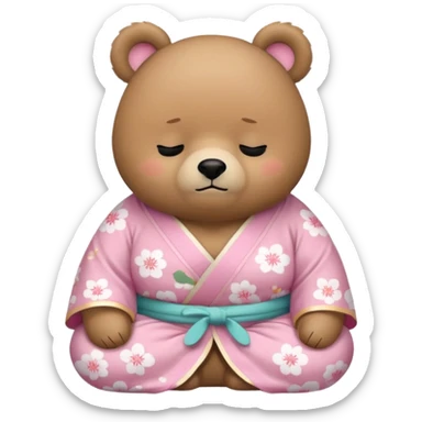 A cute chubby light-brown bear wearing a pastel pink sakura-patterned kimono, standard body and small round head, adorable simple face, sleepy half-closed eyes, small blush on cheeks, sitting while dozing off, tiny “zzz” floating above the head sticker