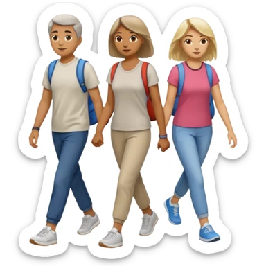 iOS emoji style - a men and 2 women in casual clothes and wearing trainers. Walking in the same direction quickly together. 
Not holding hands. No backpacks. 
 sticker