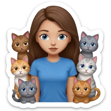 a pretty bratz dusky light skin girl with long brown hair, blue eyes with six cats nd wearing a grey tshirt sticker