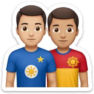 2 male Best buds , one in showing Philipines flag tshirt, one is Spain sticker