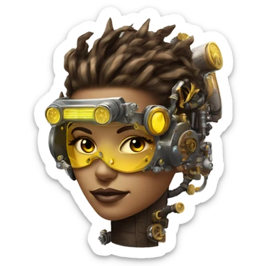 Brown with yellow streaks Mohawk hair female cyborg head, tan skin, steampunk goggles and circuits sticker