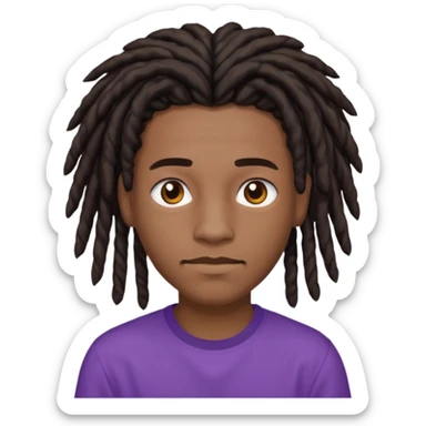 black teen with black dreads in a middle part with brown eyes and a small mustache and purple shirt sticker