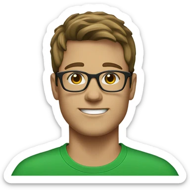 white young man with brown hair and square glasses wearing green t-shirt with laptop sticker