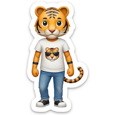 anthropomorphised tiger in a band t-shirt and jeans with an eye patch walking upright relaxed pose sticker