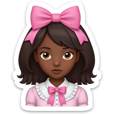 darkskin black girl, with straight shoulder length dark brown hair, a pink bow in her hair, with a frilly white shirt on sticker
