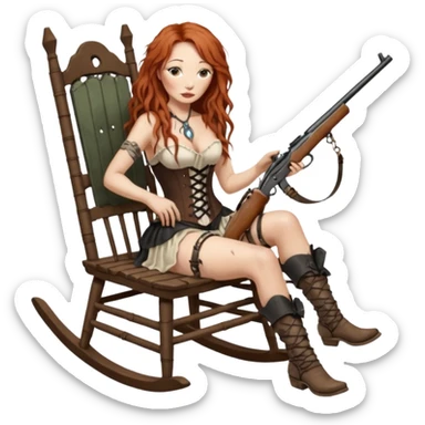 realistic cinematic Tori Amos sits on a rocking chair in a torn corset, holding an antique rifle and her bare feet are muddy. A white snake is wrapped around the chair. sticker
