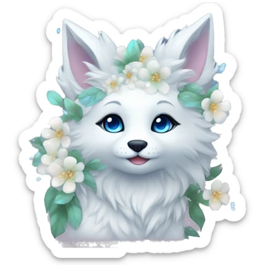 Anthro Cute Cool Kawaii gorgeous sparkly ethereal white fantasy animal creature with blue eyes furry sona with flowers beautiful aesthetic sticker