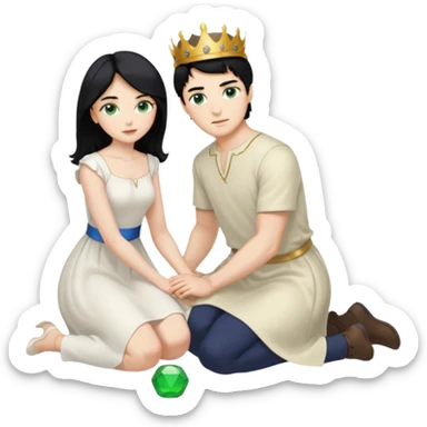 King, man, black Hair, blue eyes, whole body, Woman, bending knees, blonde, green eyes, White Dress, sticker