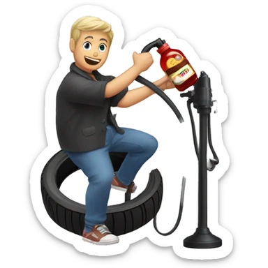 image of a midget using a tyre pump to pump a jar of jam sticker