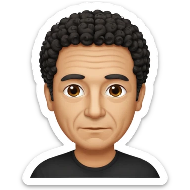 60 year old Greek man with short black curly hair that sticks up and has a black shirt sticker