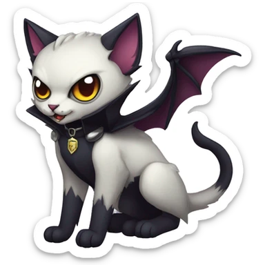  cool edgy fantasy dark-themed animal vampiric cat-hybrid Fakemon with fangs and bat-wing-ears with a collar full body sticker