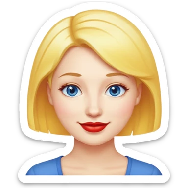 "- Nữ
- 30 tuổi
- Da trắng
- Tóc nhuộm vàng, tóc ngắn
- Mặt cười mỉm
- Mắt xanh, môi đỏ, phấn má hồng
" sticker