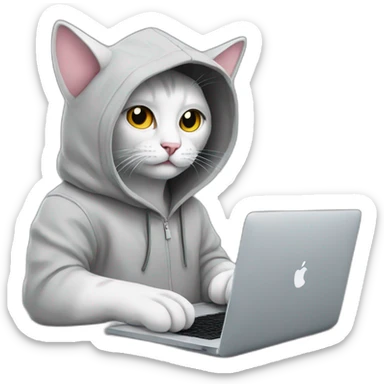 cat with hoodie and a macbook sticker