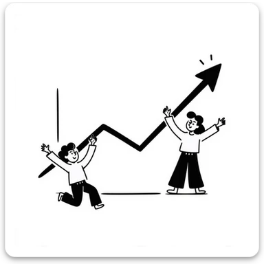 Hand-drawn sports participation graph trending upward with excited figures sticker